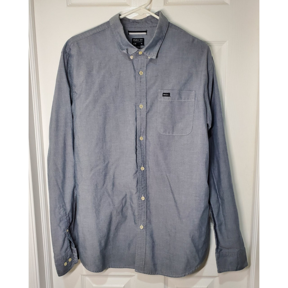 RVCA Mens XL Slim Fit Button Up Shirt Blue Chambray Cotton Modal Long Sleeve